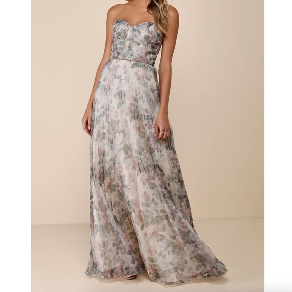Lulus Most Beautiful Day Ivory Multi Floral Print Organza Maxi Dress Beige - Picture 1 of 9
